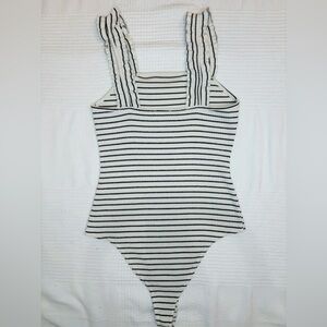 Ivory & Black Striped Ruffle Bodysuit
